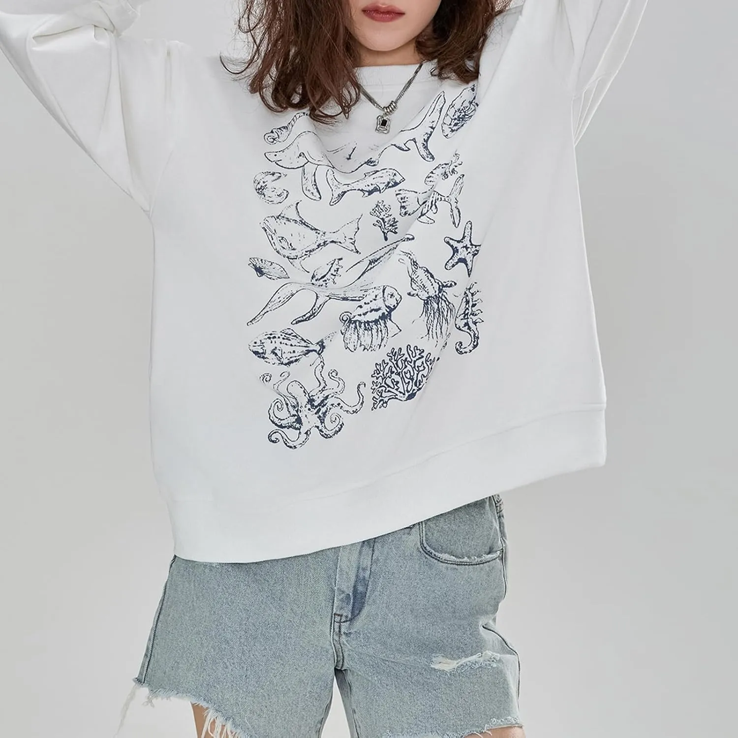 Oversized Graphic Sweatshirt for Women Y2K Number Animal Print Drop Shoulder Top Teen Girls Casual Crewneck Pullover Shirt