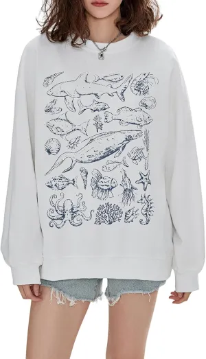 Oversized Graphic Sweatshirt for Women Y2K Number Animal Print Drop Shoulder Top Teen Girls Casual Crewneck Pullover Shirt