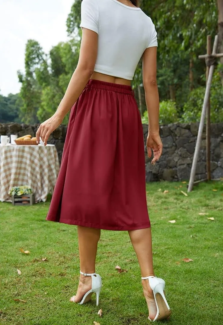Pleated A-line Midi Skirt Elastic Waist Button Front Casual Flared Long Skirts with Pocket for Women