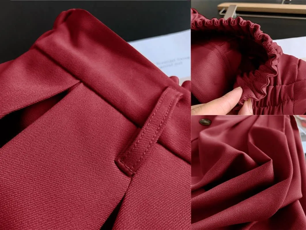 Pleated A-line Midi Skirt Elastic Waist Button Front Casual Flared Long Skirts with Pocket for Women
