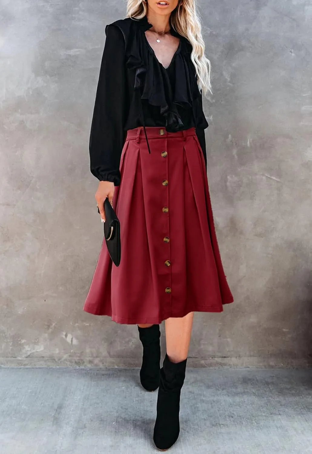 Pleated A-line Midi Skirt Elastic Waist Button Front Casual Flared Long Skirts with Pocket for Women
