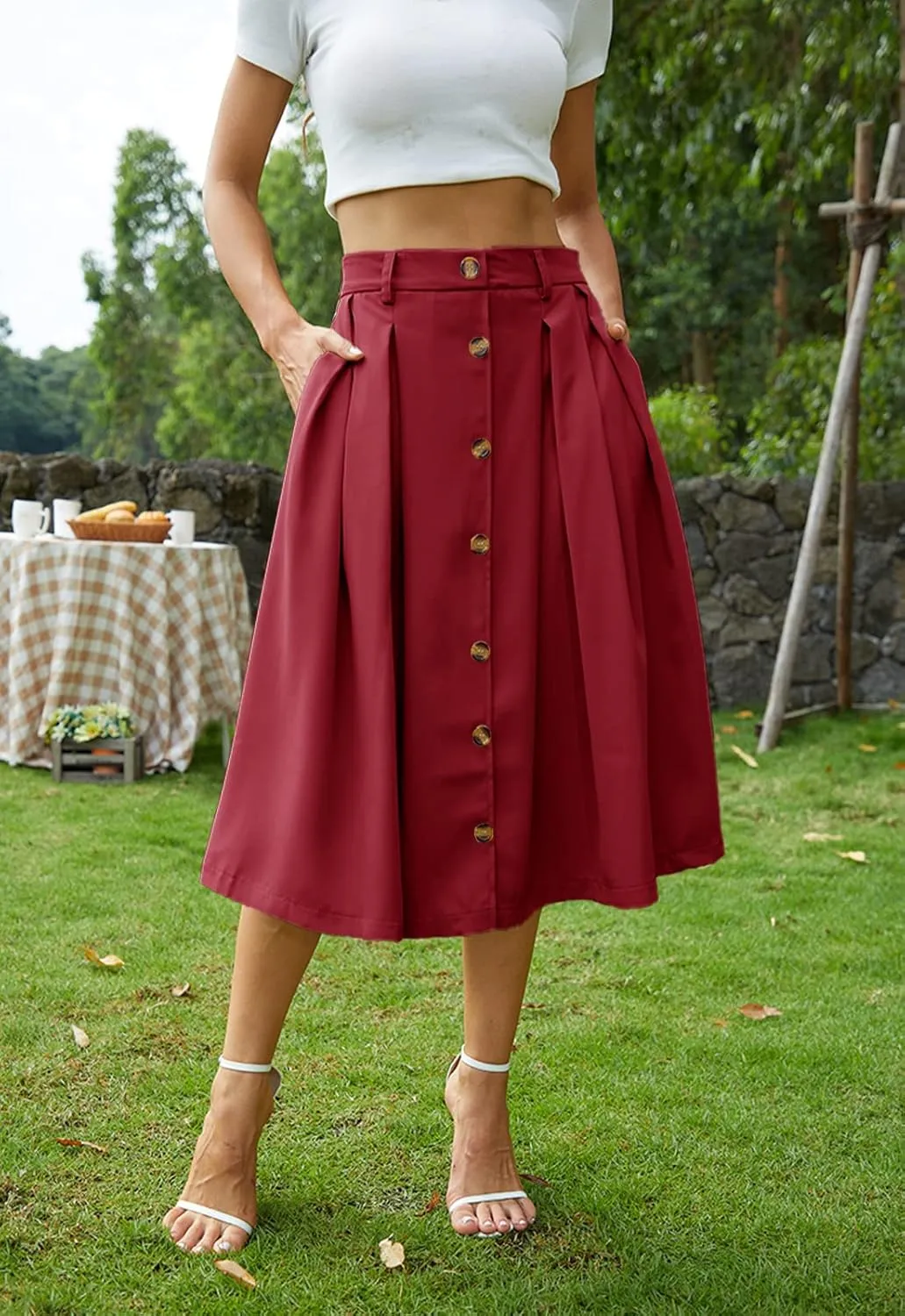 Pleated A-line Midi Skirt Elastic Waist Button Front Casual Flared Long Skirts with Pocket for Women