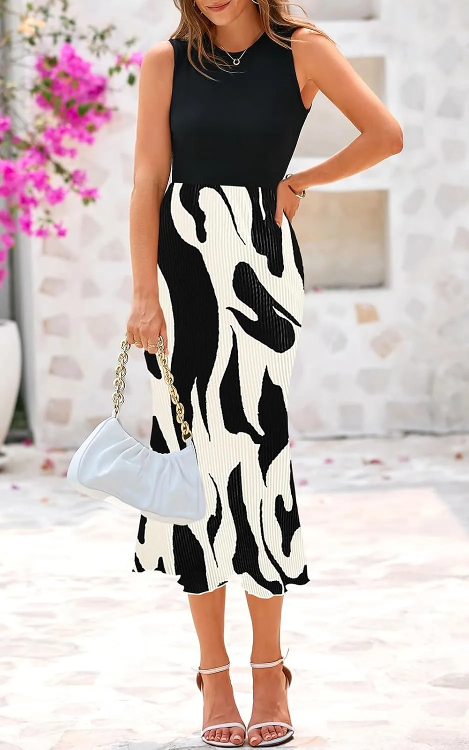 PRETTYGARDEN Womens Spring 2025 Graphic Print A Line Pleated Work Midi Dresses for Women Casual Plisse Long Dress