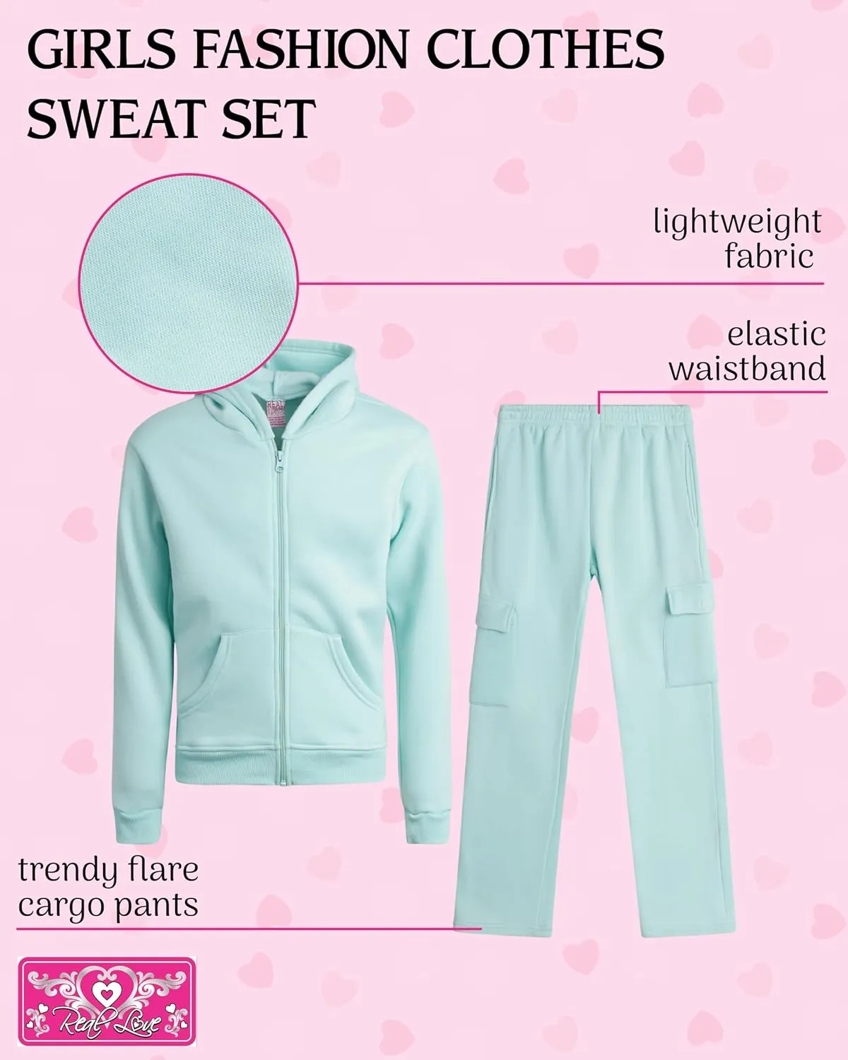 Real Love Girls' Jog Set - 2 Piece Soft Fleece Zip Up Hoodie and Flare Cargo Pants - Activewear Set for Girls (Sizes: 7-16)