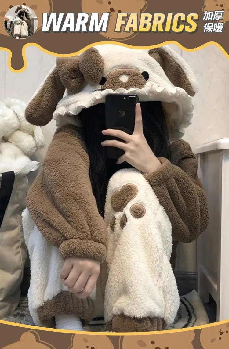 RICHTRUE Kawaii Puppy Sleepwear Fuzzy Sets Pajamas for Women Loungewear for Women Kawaii Loungewear