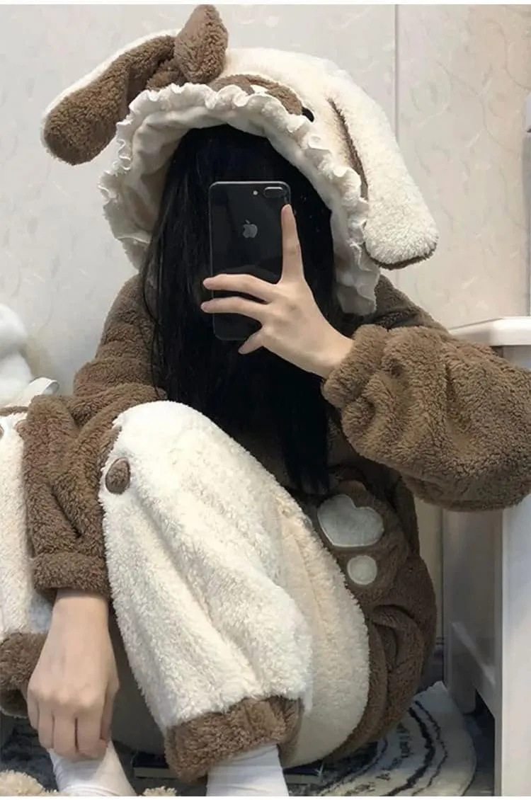 RICHTRUE Kawaii Puppy Sleepwear Fuzzy Sets Pajamas for Women Loungewear for Women Kawaii Loungewear