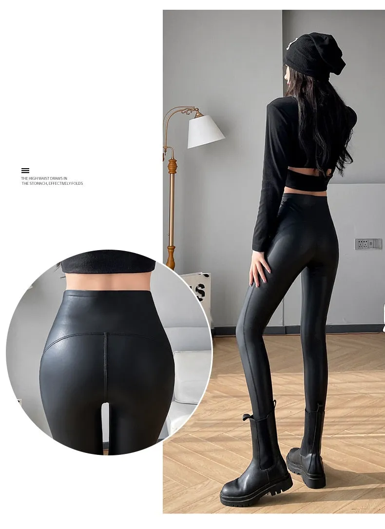 Romildi Women Autumn New Fleece Matte PU Leather Pants Leggings Elastic Slim Skinny Leggings Windproof Winter Warm Sexy Legging