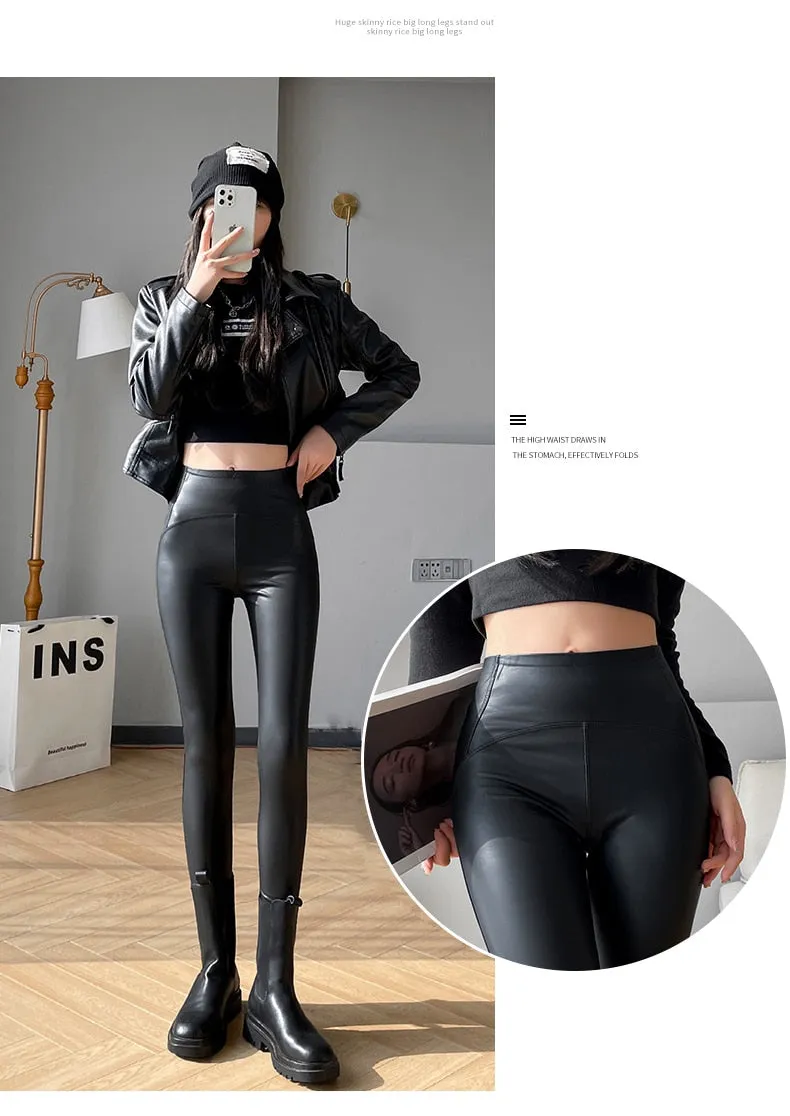 Romildi Women Autumn New Fleece Matte PU Leather Pants Leggings Elastic Slim Skinny Leggings Windproof Winter Warm Sexy Legging