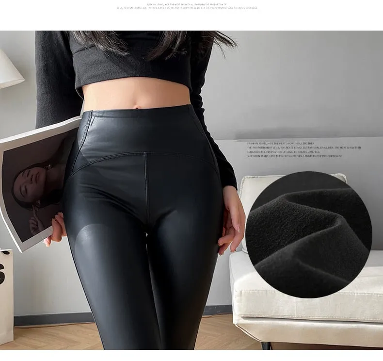 Romildi Women Autumn New Fleece Matte PU Leather Pants Leggings Elastic Slim Skinny Leggings Windproof Winter Warm Sexy Legging