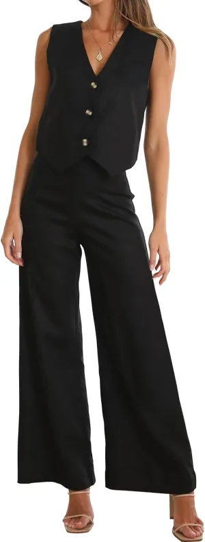 ROYLAMP Women's Summer 2 Piece Outfits Button Down V Neck Sleeveless Top High Waisted Wide Leg Pants Matching Set
