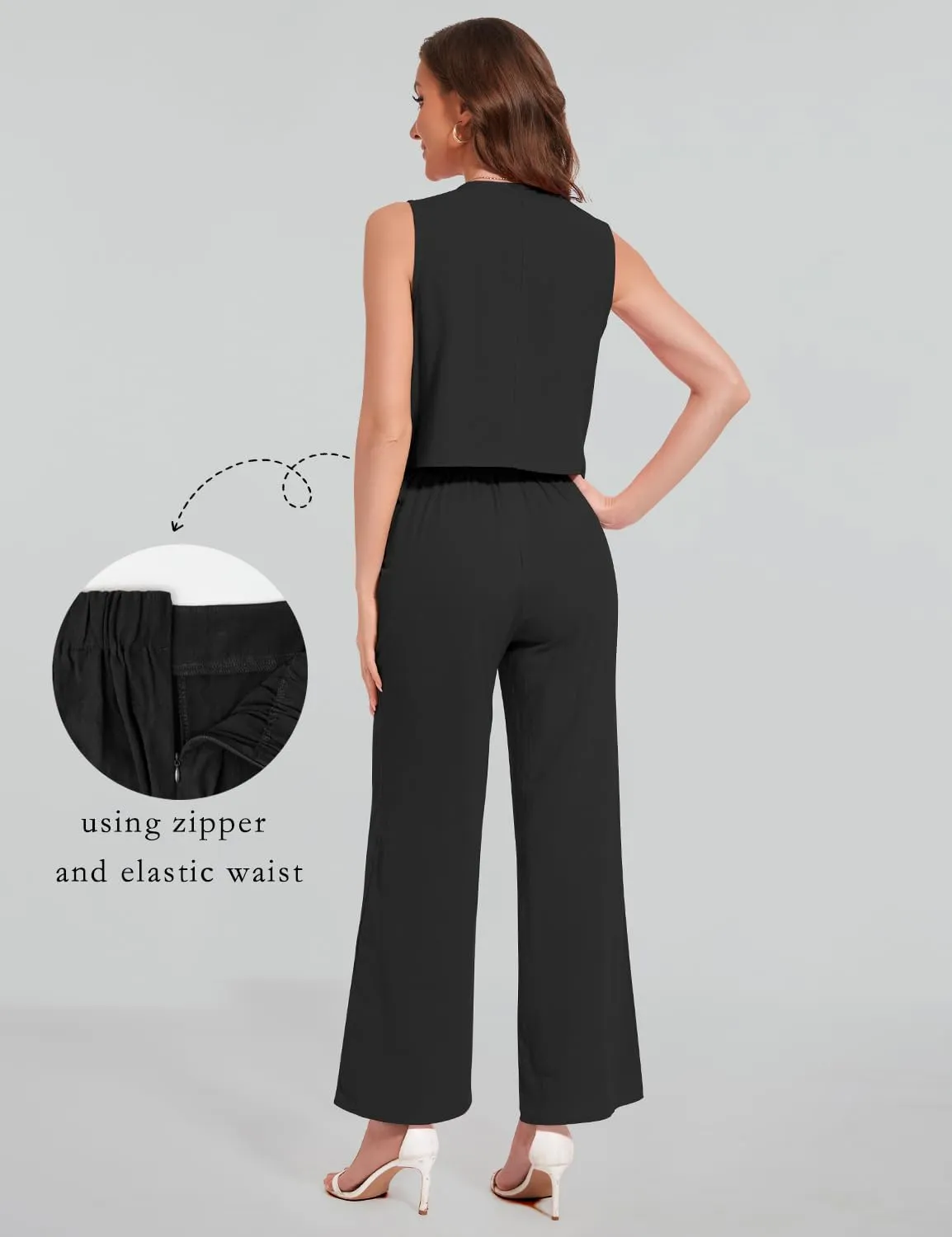 ROYLAMP Women's Summer 2 Piece Outfits Button Down V Neck Sleeveless Top High Waisted Wide Leg Pants Matching Set