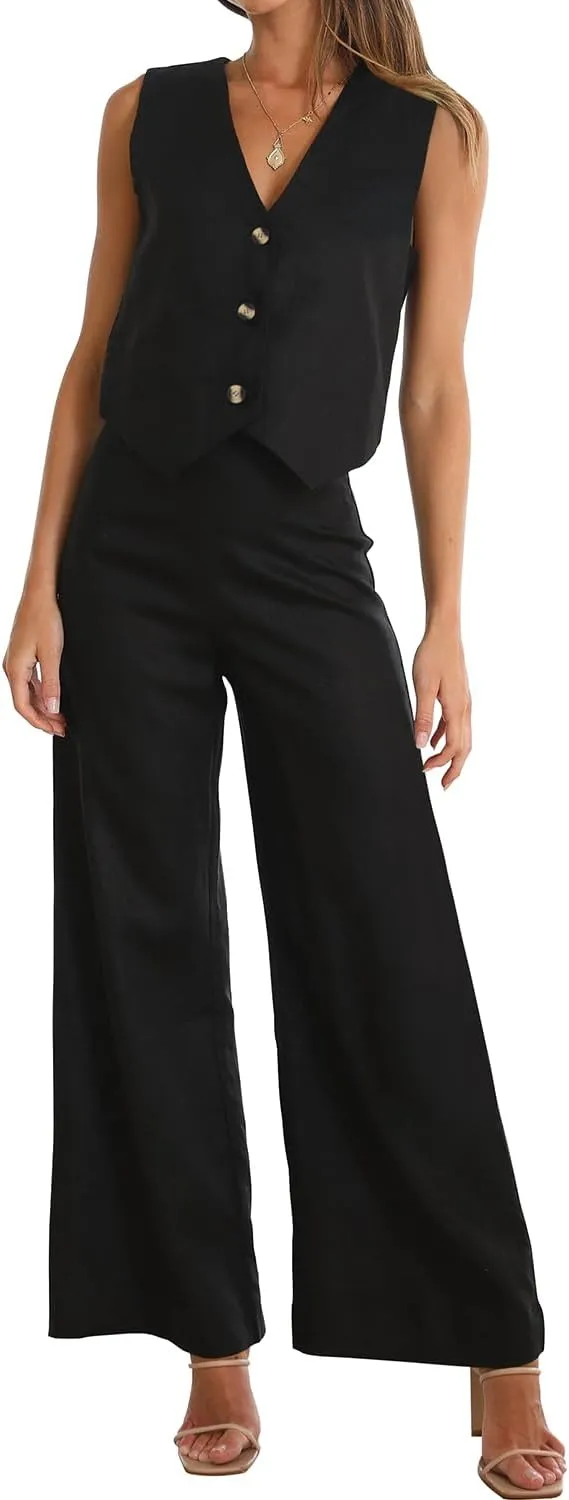 ROYLAMP Women's Summer 2 Piece Outfits Button Down V Neck Sleeveless Top High Waisted Wide Leg Pants Matching Set