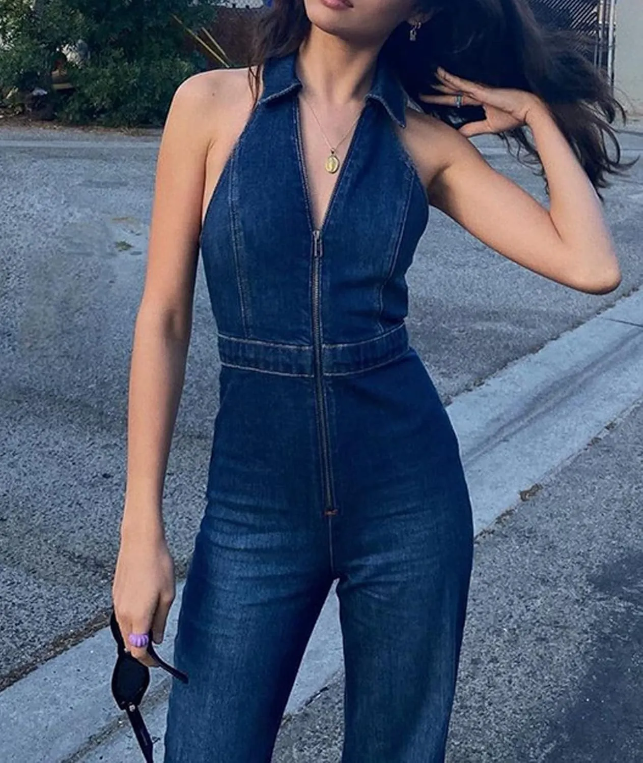 SEMATOMALA Women's Sleeveless Y2K Jean Jumpsuit Flared Leg Pants Romper Halter Tank Top Denim Catsuit Maxi Overall
