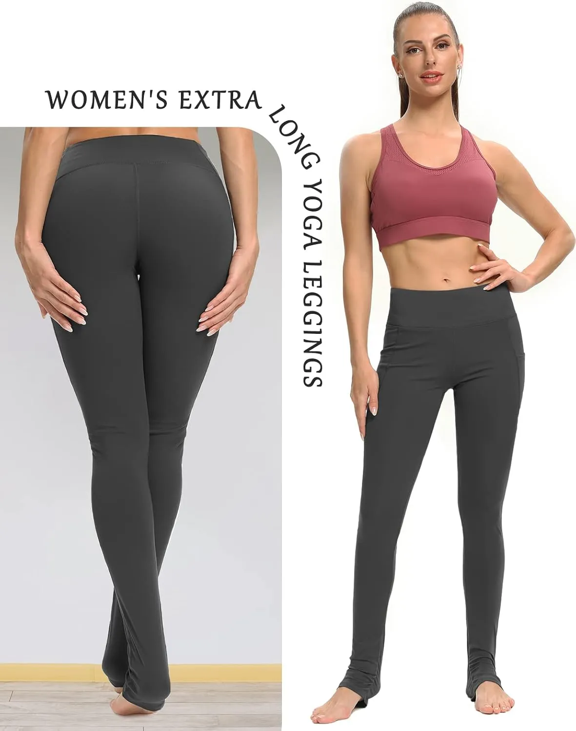 SEVEGO Women's Extra Long Yoga Leggings with Pockets Over The Heel Stacked Legging Barre Dance Athletic Pants