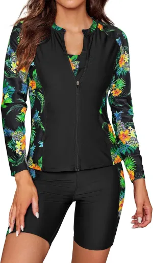 SHEKINI Women's 3 Piece Rash Guard Long Sleeve Swimsuits Zip Bathing Suits with Pants UPF 50  Shirt