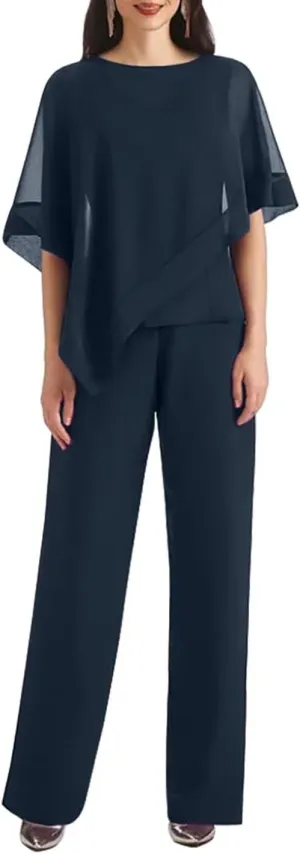 Short Sleeves Mother of The Bride Pantsuits for Women Wedding Pant Suits for Tall Women Navy Blue Formal Gown US 10
