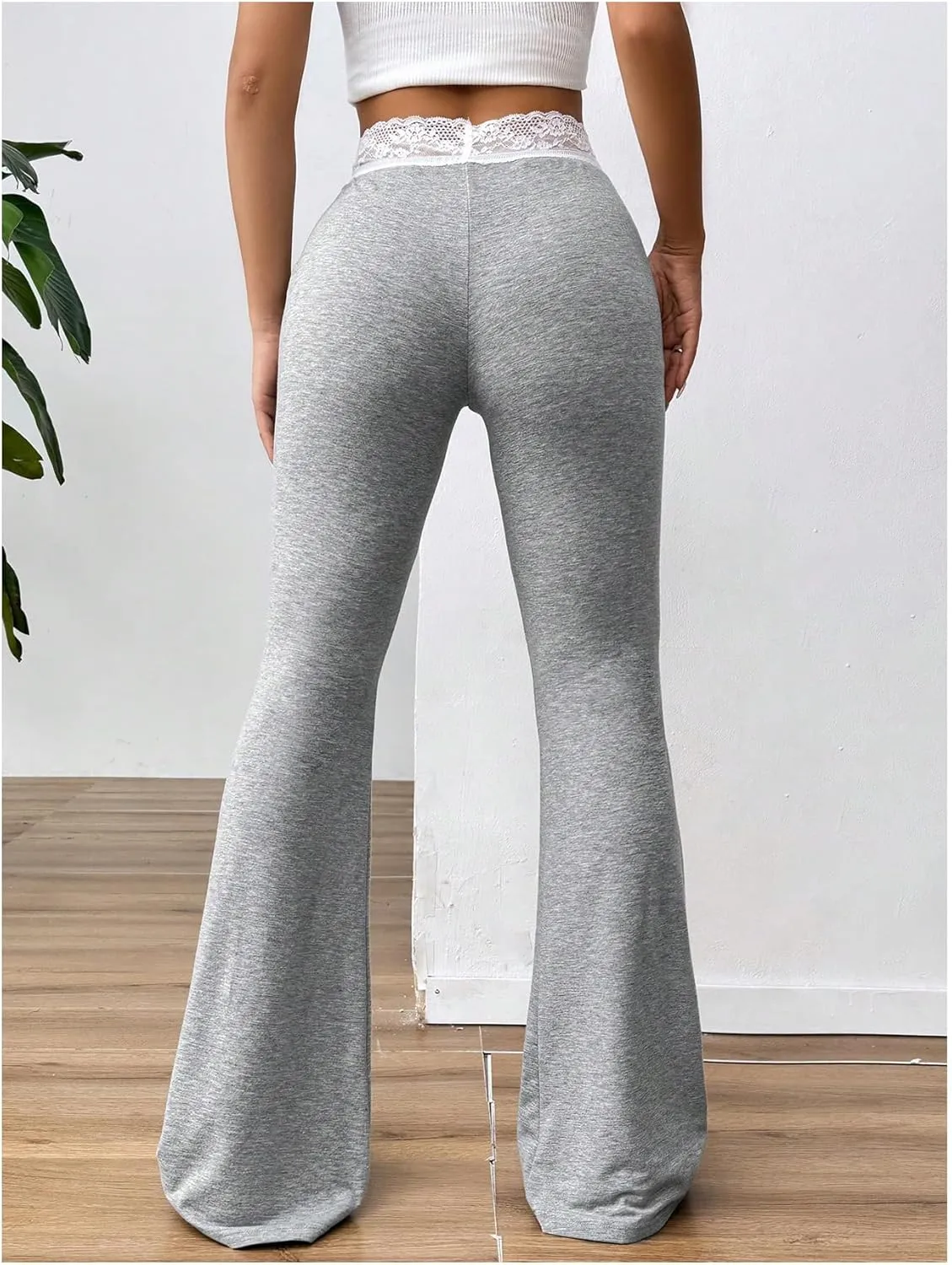 SOLY HUX Women's Flare Leg Pants Elastic Lace Trim High Waist Casual Long Pants Trousers