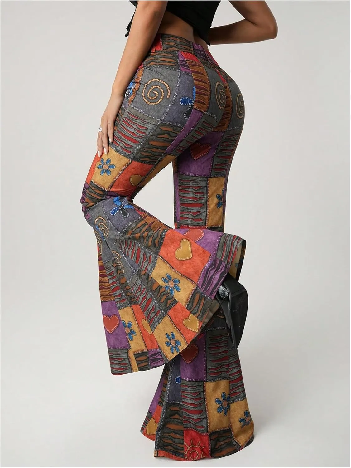 SOLY HUX Women's Retro Bell Bottom Pants High Waisted Printed Skinny Flare Leg Trousers