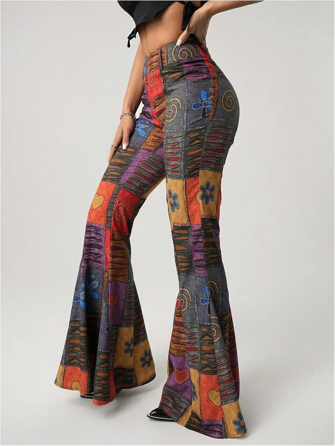 SOLY HUX Women's Retro Bell Bottom Pants High Waisted Printed Skinny Flare Leg Trousers