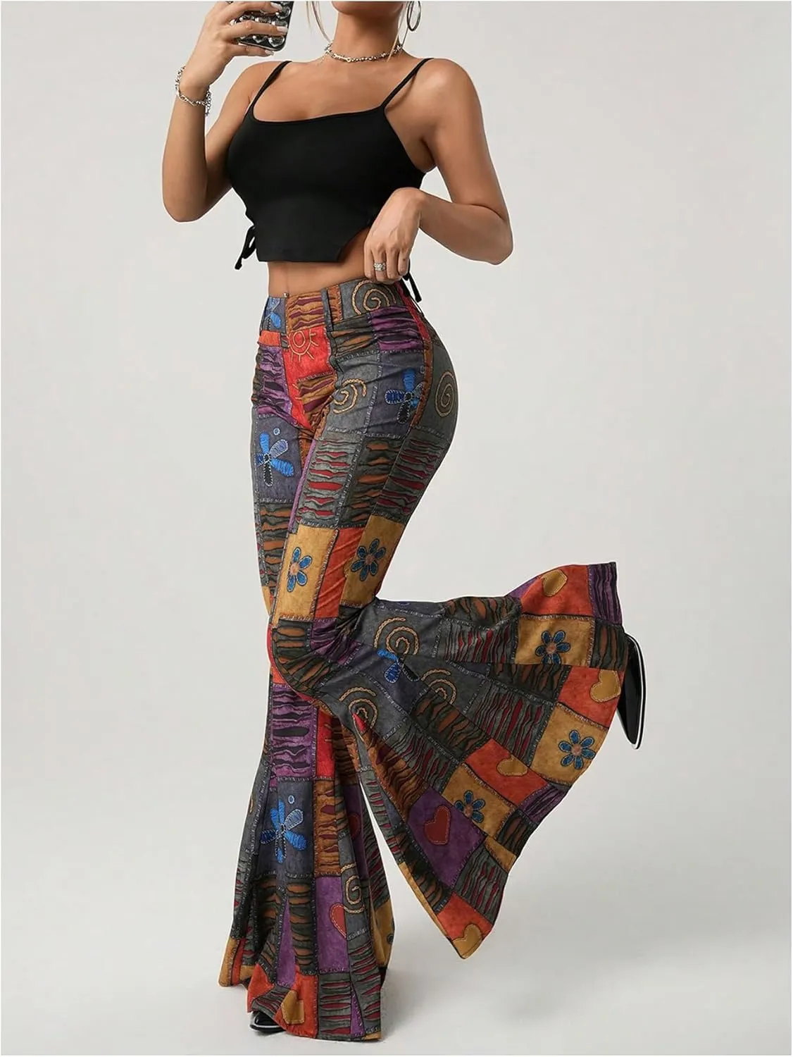 SOLY HUX Women's Retro Bell Bottom Pants High Waisted Printed Skinny Flare Leg Trousers