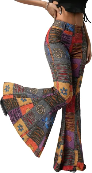 SOLY HUX Women's Retro Bell Bottom Pants High Waisted Printed Skinny Flare Leg Trousers
