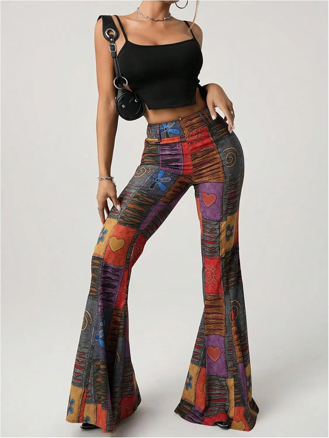 SOLY HUX Women's Retro Bell Bottom Pants High Waisted Printed Skinny Flare Leg Trousers