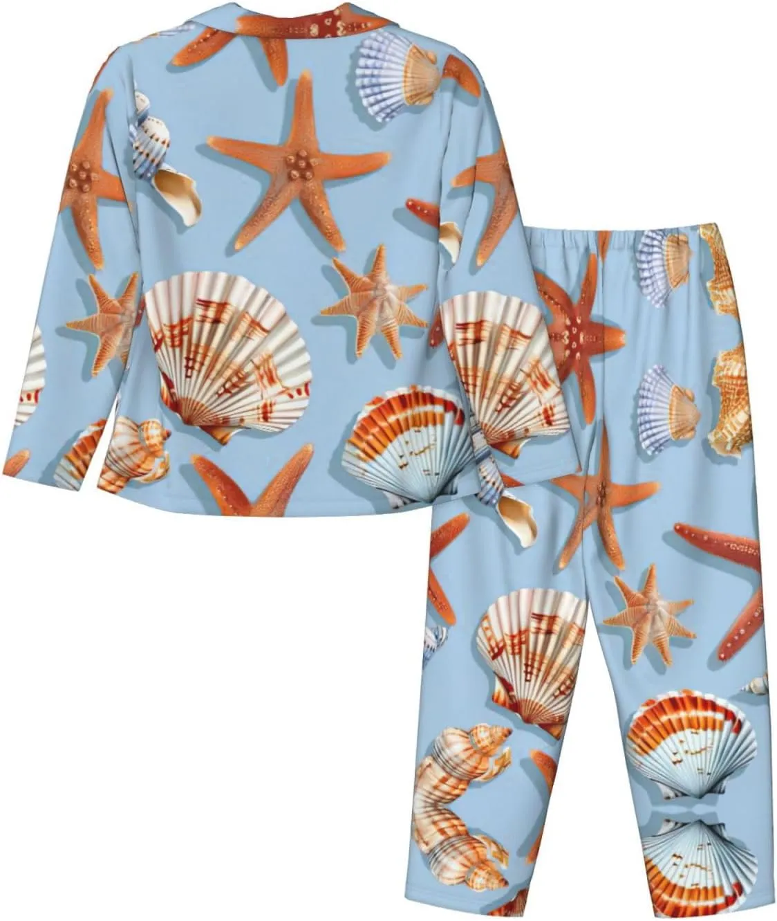 Starfish And Seashell Pattern Print Women'S Long-Sleeved Pajama Set,Button Loungewear For Sleeping Or Lounging