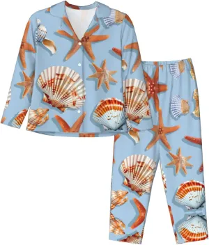 Starfish And Seashell Pattern Print Women'S Long-Sleeved Pajama Set,Button Loungewear For Sleeping Or Lounging