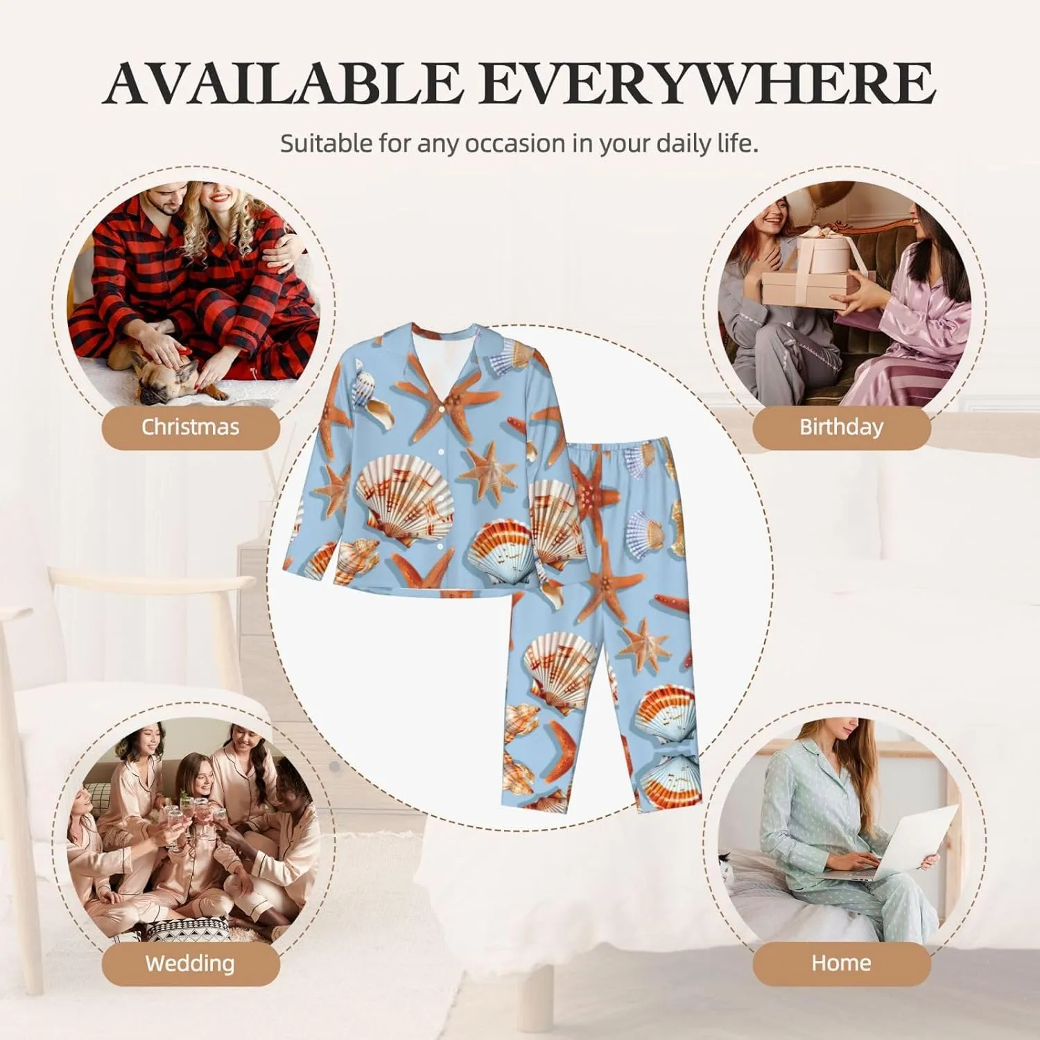 Starfish And Seashell Pattern Print Women'S Long-Sleeved Pajama Set,Button Loungewear For Sleeping Or Lounging