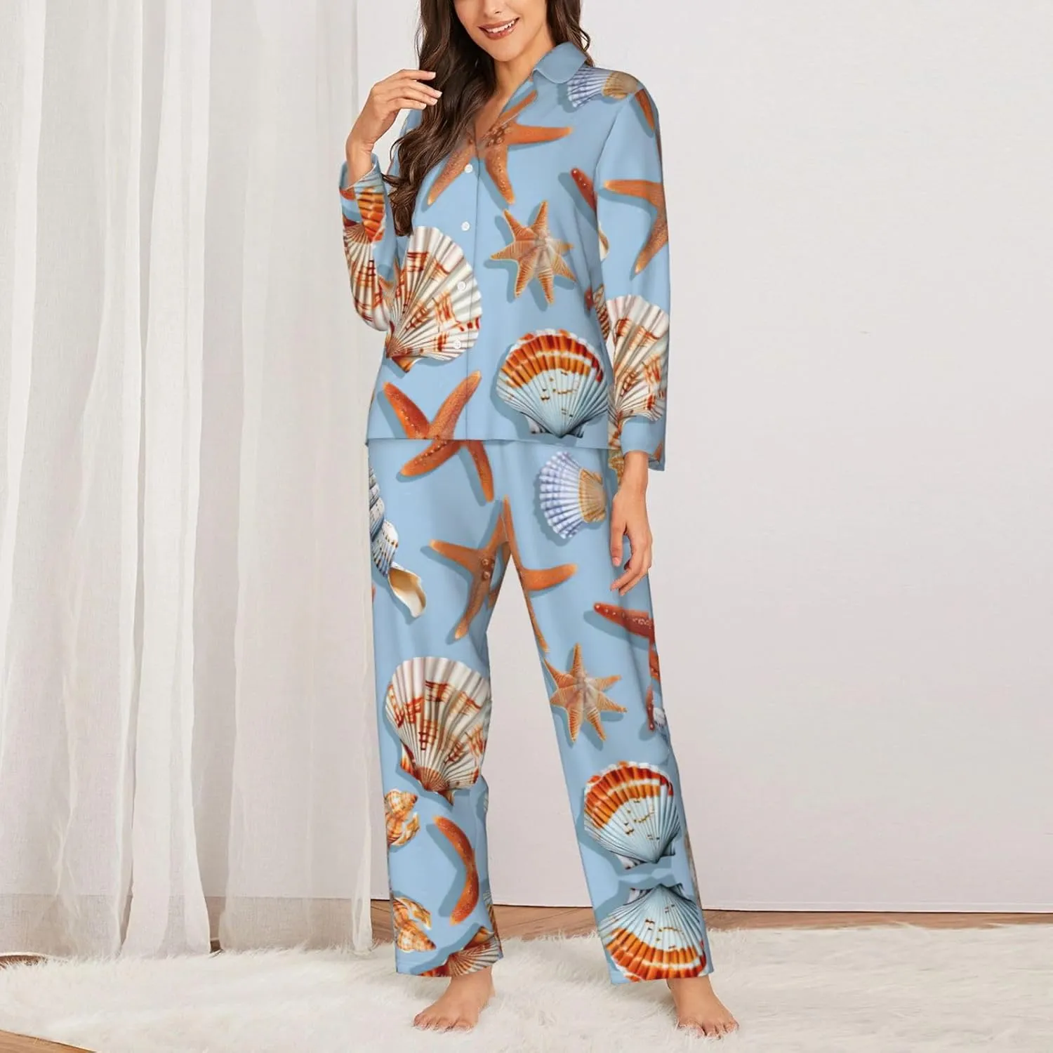 Starfish And Seashell Pattern Print Women'S Long-Sleeved Pajama Set,Button Loungewear For Sleeping Or Lounging