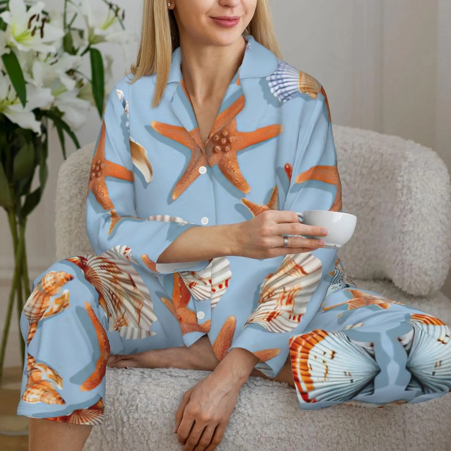 Starfish And Seashell Pattern Print Women'S Long-Sleeved Pajama Set,Button Loungewear For Sleeping Or Lounging