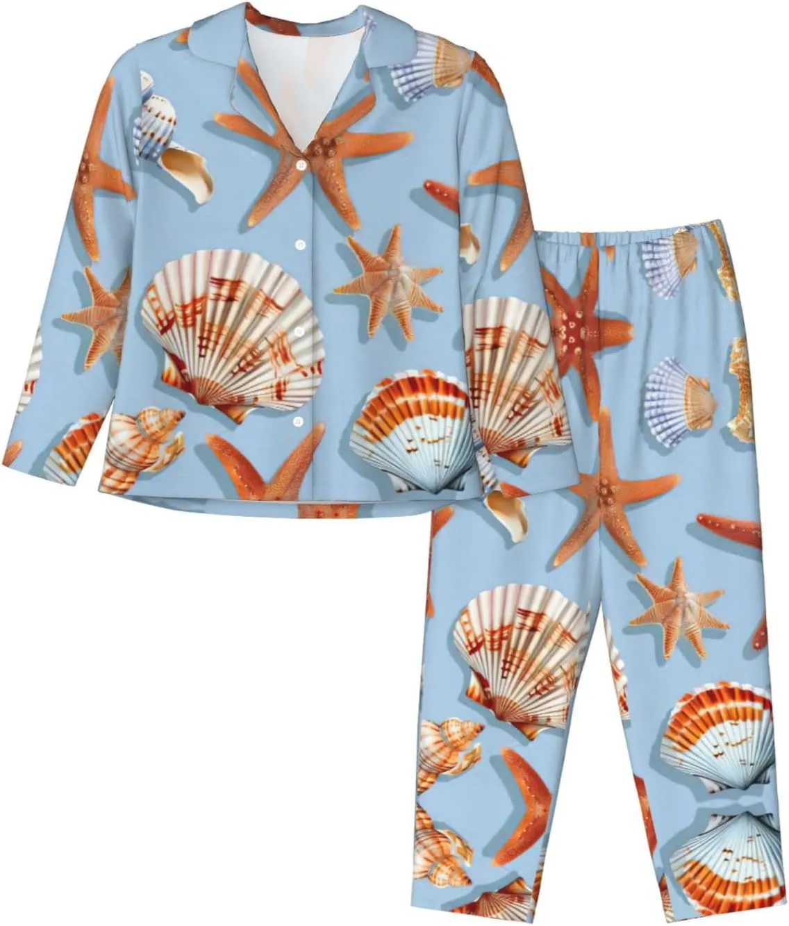 Starfish And Seashell Pattern Print Women'S Long-Sleeved Pajama Set,Button Loungewear For Sleeping Or Lounging