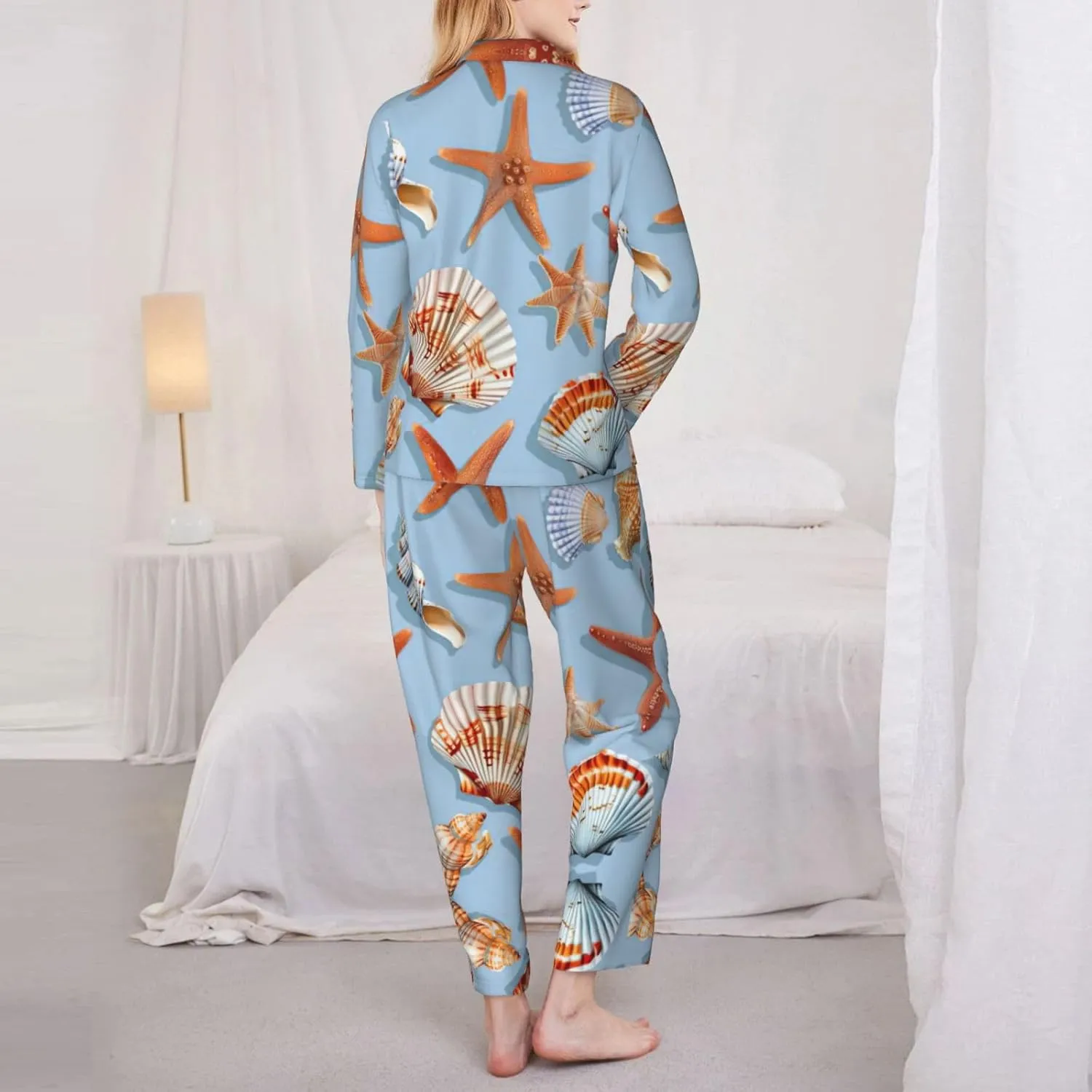 Starfish And Seashell Pattern Print Women'S Long-Sleeved Pajama Set,Button Loungewear For Sleeping Or Lounging