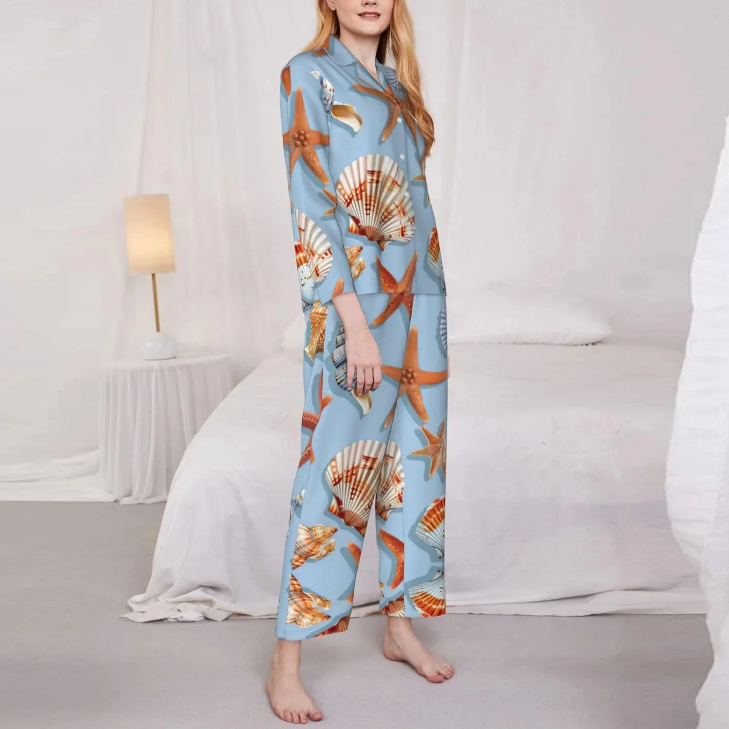 Starfish And Seashell Pattern Print Women'S Long-Sleeved Pajama Set,Button Loungewear For Sleeping Or Lounging