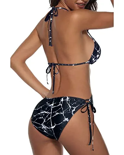 Stylish Double Rise And Scrunch Bikini Sets For Women-Black Marble