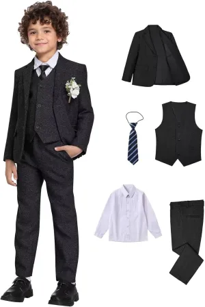 Suits for Boys Tweed Herringbone 5 Piece Toddler Kids Wedding Outfit Teen Boy Blazer Vest Pant Suit Tuxedo Set with Shirt Tie