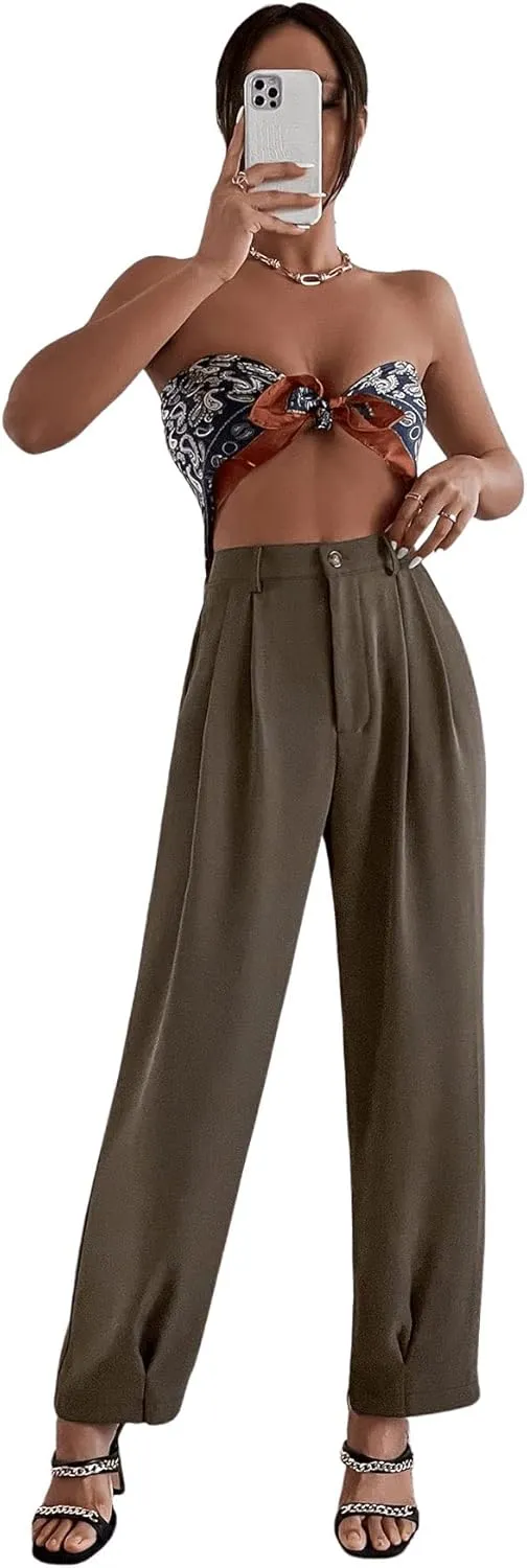 SweatyRocks Women's Casual High Waist Fold Pleated Straight Leg Trousers Work Pants with Pocket
