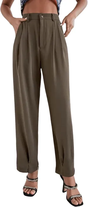 SweatyRocks Women's Casual High Waist Fold Pleated Straight Leg Trousers Work Pants with Pocket