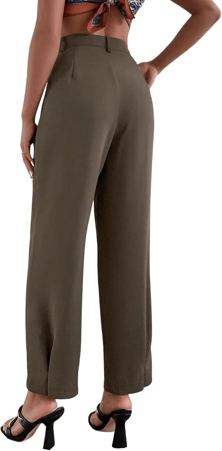 SweatyRocks Women's Casual High Waist Fold Pleated Straight Leg Trousers Work Pants with Pocket