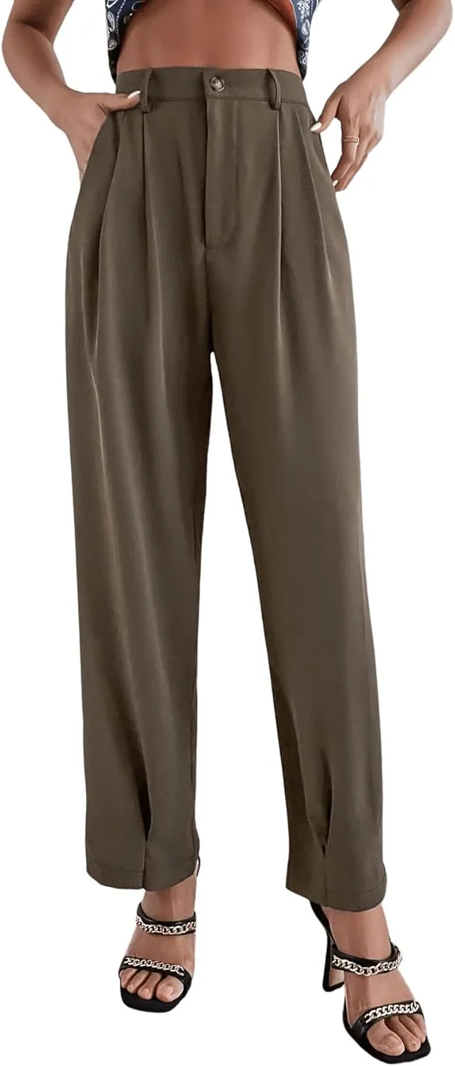 SweatyRocks Women's Casual High Waist Fold Pleated Straight Leg Trousers Work Pants with Pocket
