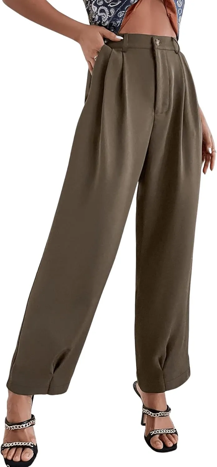 SweatyRocks Women's Casual High Waist Fold Pleated Straight Leg Trousers Work Pants with Pocket