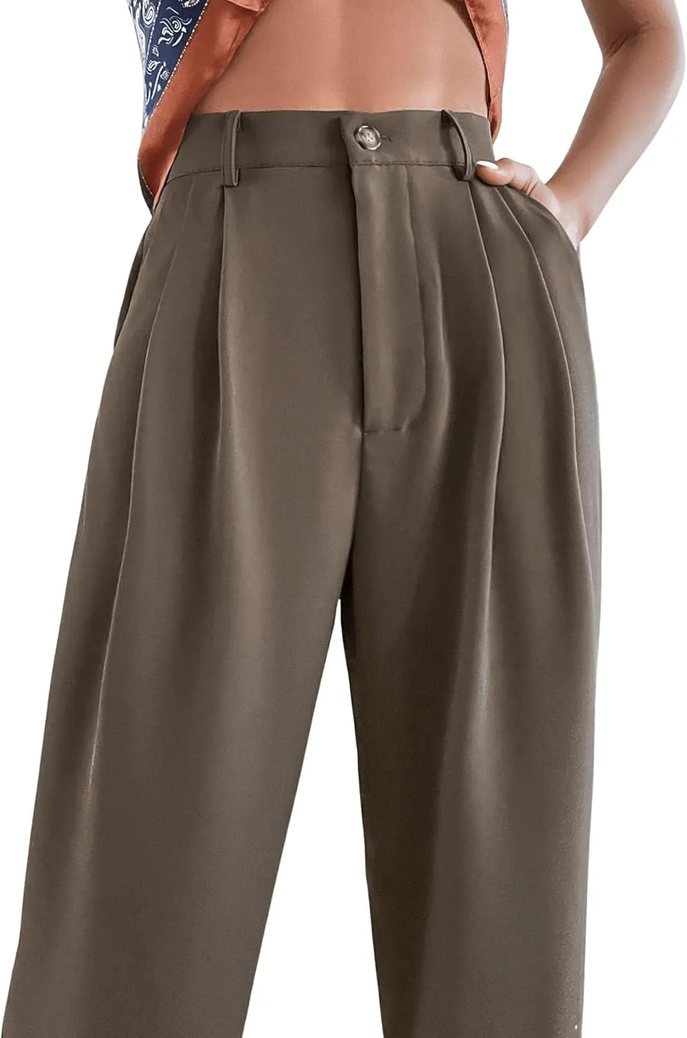 SweatyRocks Women's Casual High Waist Fold Pleated Straight Leg Trousers Work Pants with Pocket