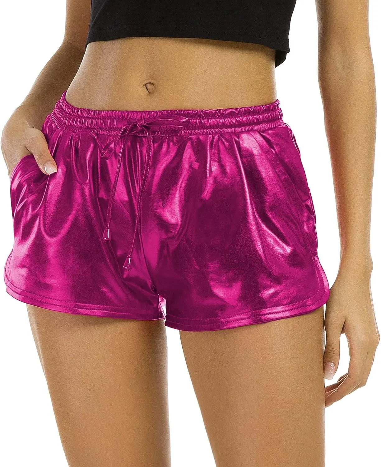Tandisk Women's Yoga Hot Shorts Shiny Metallic Pants with Elastic Drawstring Rose Red M
