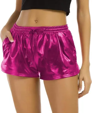 Tandisk Women's Yoga Hot Shorts Shiny Metallic Pants with Elastic Drawstring Rose Red M