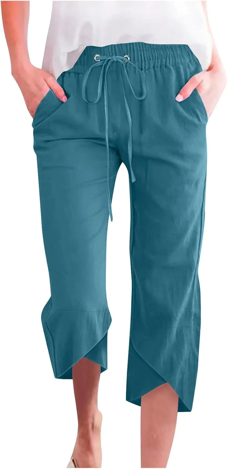 TANGNADE Womens Cotton Linen Wide Leg Capris Pants Casual Loose Beach Summer Ladies Capri Travel Boho Trouser