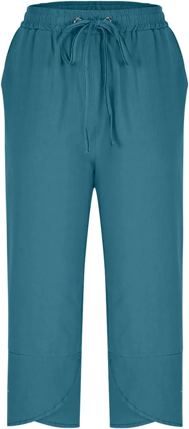 TANGNADE Womens Cotton Linen Wide Leg Capris Pants Casual Loose Beach Summer Ladies Capri Travel Boho Trouser