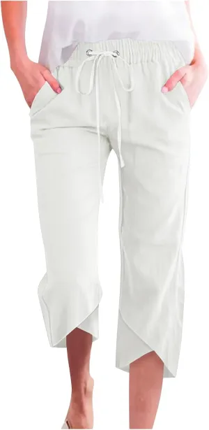TANGNADE Womens Cotton Linen Wide Leg Capris Pants Casual Loose Beach Summer Ladies Capri Travel Boho Trouser