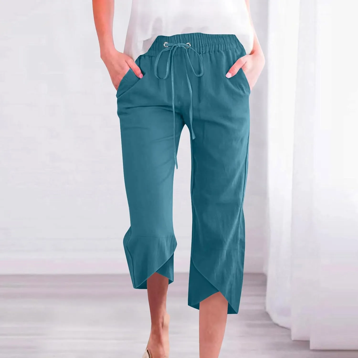 TANGNADE Womens Cotton Linen Wide Leg Capris Pants Casual Loose Beach Summer Ladies Capri Travel Boho Trouser