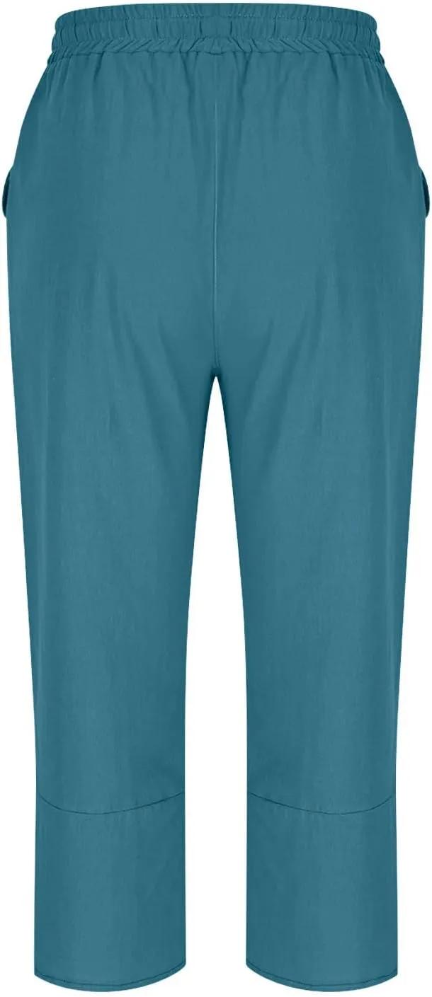 TANGNADE Womens Cotton Linen Wide Leg Capris Pants Casual Loose Beach Summer Ladies Capri Travel Boho Trouser