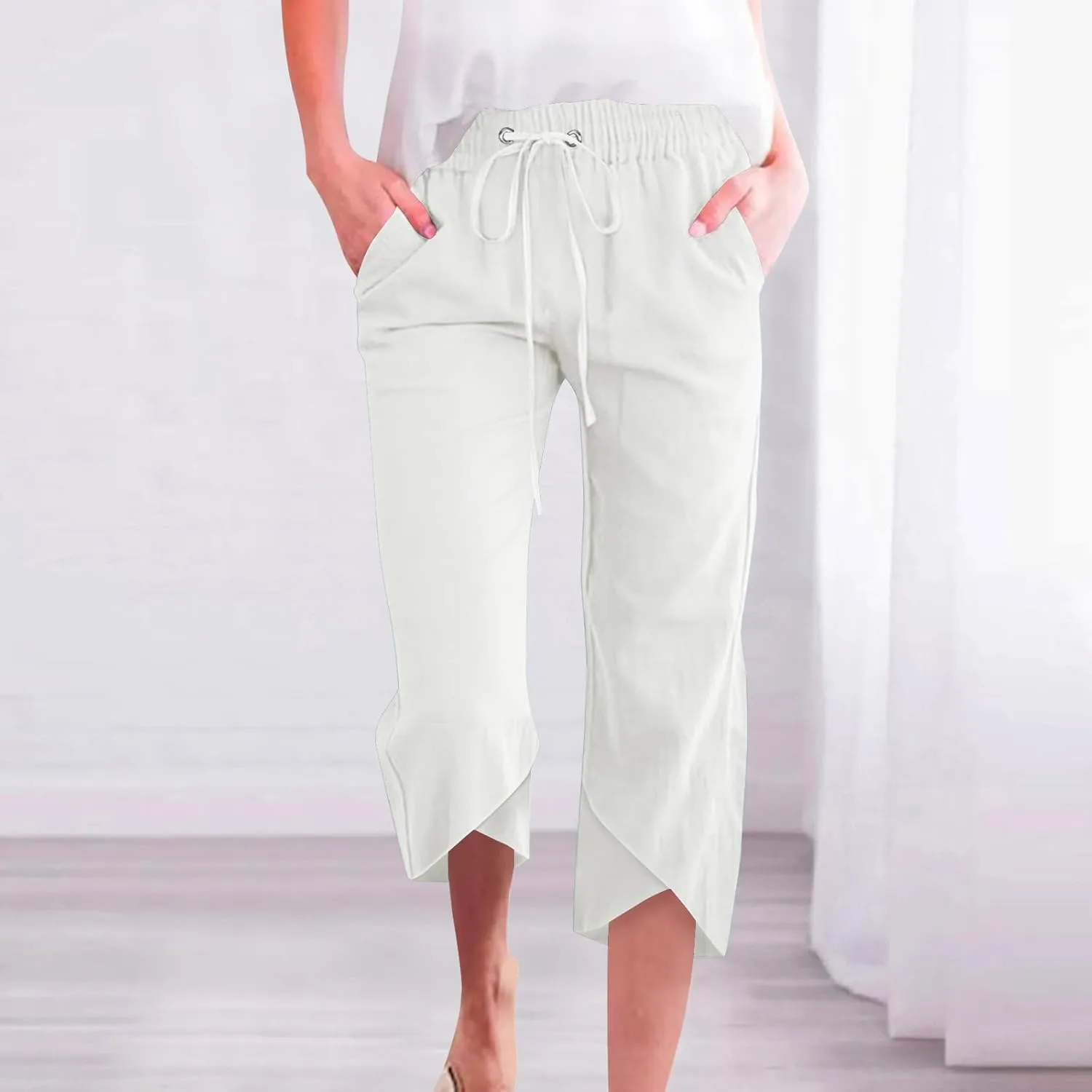 TANGNADE Womens Cotton Linen Wide Leg Capris Pants Casual Loose Beach Summer Ladies Capri Travel Boho Trouser